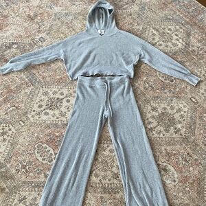Pink Rose Gray Ribbed Pajama Set
